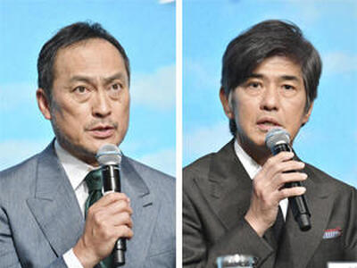 撮影を振り返る当直長役の佐藤浩市さん（右）と撮影当時の思いを語る所長役の渡辺謙さん