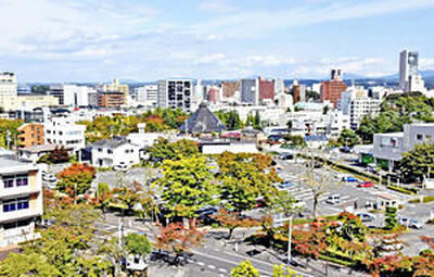 現在は駐車場になっている市民会館の跡地（中央）。街の景色は変化しても、市民の音楽へのエネルギーは変わらない