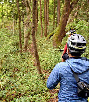 国分さんに導かれて入った山道。ウオーキングコースだというが幅は狭い