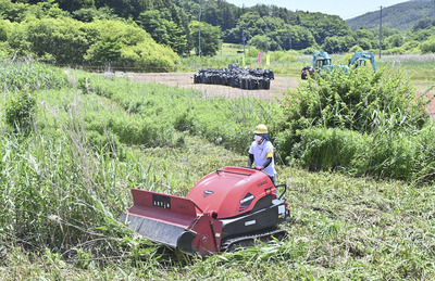 特定帰還居住区域で行われる農地の除草や表土削り取りなどの除染作業。住民の帰還促進に向け、除染に加え、生活基盤の整備や住民サービス充実が期待される＝２０２４年６月２０日、浪江町羽附地区