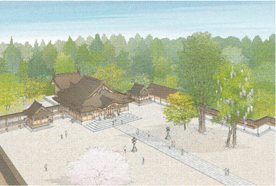 伊佐須美神社の本殿、幣殿、拝殿などの完成予想図
