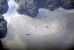 　航空自衛隊のＴ４練習機が墜落した、愛知県犬山市の入鹿池＝１４日午後４時５７分（共同通信社ヘリから）