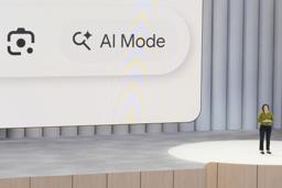 　年次の開発者向けイベントで発表されたグーグルの新機能「ＡＩモード」＝２０日、カリフォルニア州マウンテンビュー（ＡＰ＝共同）