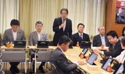 自民党の氏制度の在り方に関する作業チーム会合であいさつする逢沢一郎座長=22日午前、東京・永田町の党本部