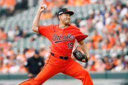 　エンゼルス戦に先発したオリオールズ・菅野。４回２／３を投げ６安打３失点で勝敗は付かなかった＝ボルティモア（ＡＰ＝共同）