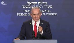 　２２日、動画声明を公開したイスラエルのネタニヤフ首相（イスラエル政府提供・共同）