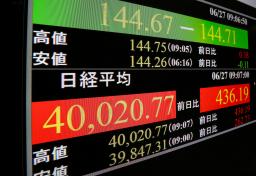 　４万円を回復した日経平均株価を示すモニター＝２７日午前、東京・東新橋