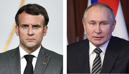 フランスのマクロン大統領(ロイター=共同)、ロシアのプーチン大統領(タス=共同)