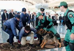 羽田空港第2ターミナルで実施したテロ対処訓練で、不審者を取り押さえる警察官ら=17日午前
