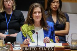 国連安全保障理事会で発言する米国のシェイ国連臨時代理大使=17日、ニューヨーク(ロイター=共同)