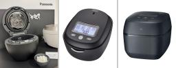 (左から)パナソニックの高機能炊飯器、タイガー魔法瓶の土鍋ご泡火炊き「JRX―S100」、象印マホービンの最高級「炎舞炊き」シリーズ
