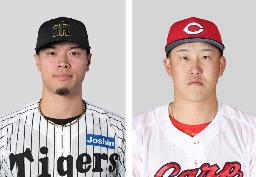 　阪神の佐藤輝明（左）、広島の小園海斗