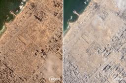 　９月２日（左）と１８日に撮影された衛星画像。パレスチナ自治区ガザ北部ガザ市の北方の沿岸部から避難民テントがほぼなくなっていた（プラネット・ラブズ提供、共同）