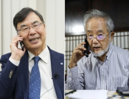　ノーベル生理学・医学賞の受賞が決まり、東京科学大の大隅良典栄誉教授（右）と電話対談する大阪大の坂口志文特任教授＝６日夜
