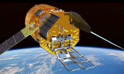 　軽量アンテナを展開する実験を行う新型無人補給機ＨＴＶ―Ｘのイメージ（ＪＡＸＡ提供）