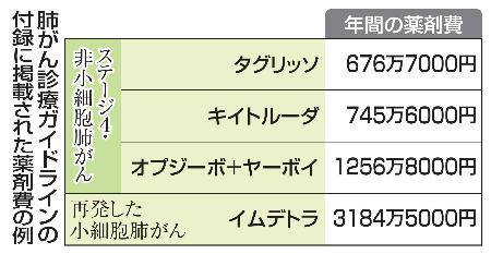 　肺がん診療ガイドラインの付録に掲載された薬剤費の例