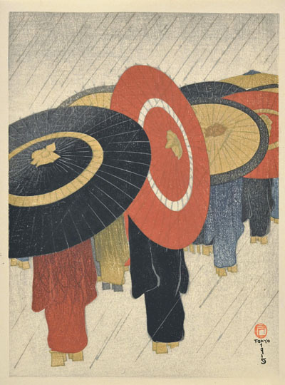 フリッツ・カペラリ「傘（雨中女学生帰路の図）」（１９１５年、渡辺木版美術画舗蔵）。ばれんの刷り跡をあえて残す「ざら刷り」が着物の部分に使われている
