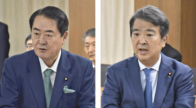 内堀知事と会談し（左）本県復興を担う決意を語る牧野氏（右）除染土壌の県外最終処分を着実に進めるとした石原氏