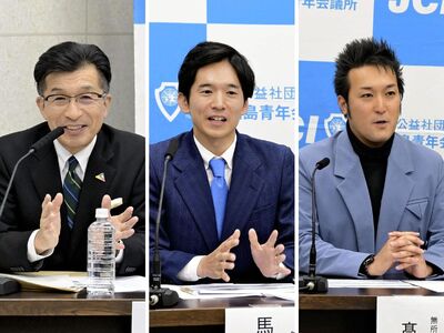 福島駅前再開発などへの考えを語った（左から）木幡氏、馬場氏、高橋氏