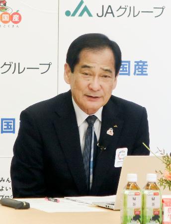 　記者会見するＪＡ全中の山野徹会長＝９日午後、東京都千代田区